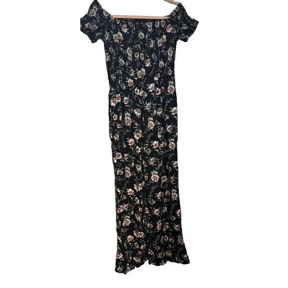 Xhilaration Smocked Floral Wide Leg Jumpsuit Sz M Dark Cottagecore Fairy Stretch - Picture 1 of 9